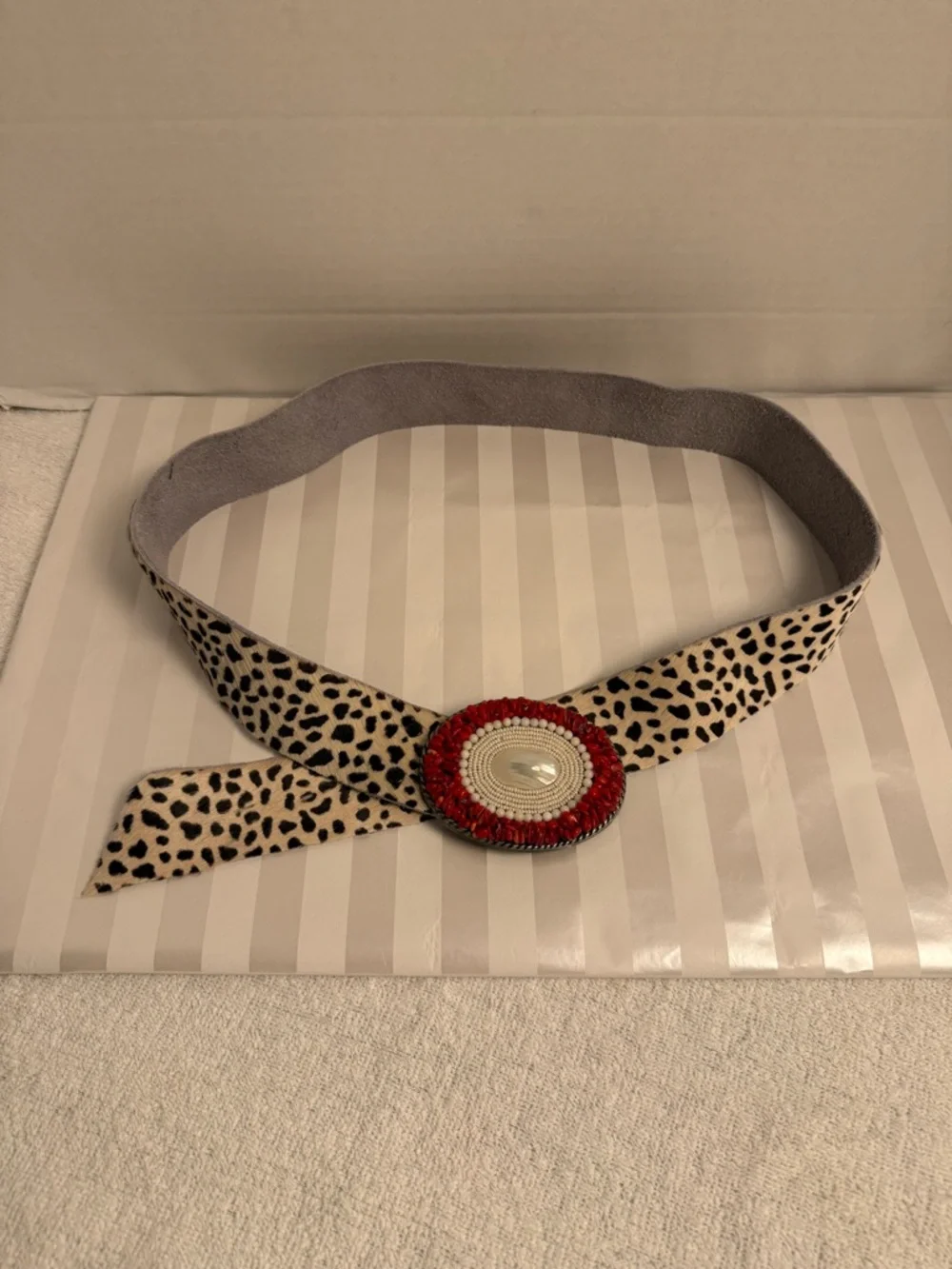 Platteppus Leopard Belt w/Hand Beaded Mother of Pearl & Bamboo Coral Buckle